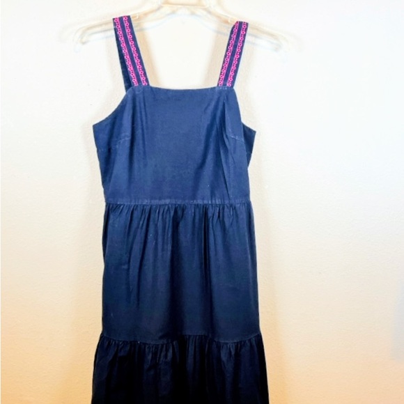 J. Crew Navy Blue Maxi Tiered Dress with Pink Embroidered Trim. Size 6 - Picture 2 of 5